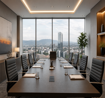 Sala de juntas ejecutiva con vista urbana de Querétaro