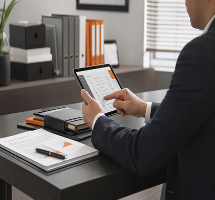 Profesional revisando registros digitales en escritorio ejecutivo