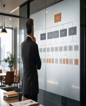Organigrama corporativo en pared de vidrio de oficina ejecutiva